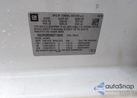 2016 Chevrolet Silverado 2500Hd Wt z USA, uszkodzony, nr VIN 1GC2KUEG9GZ119042